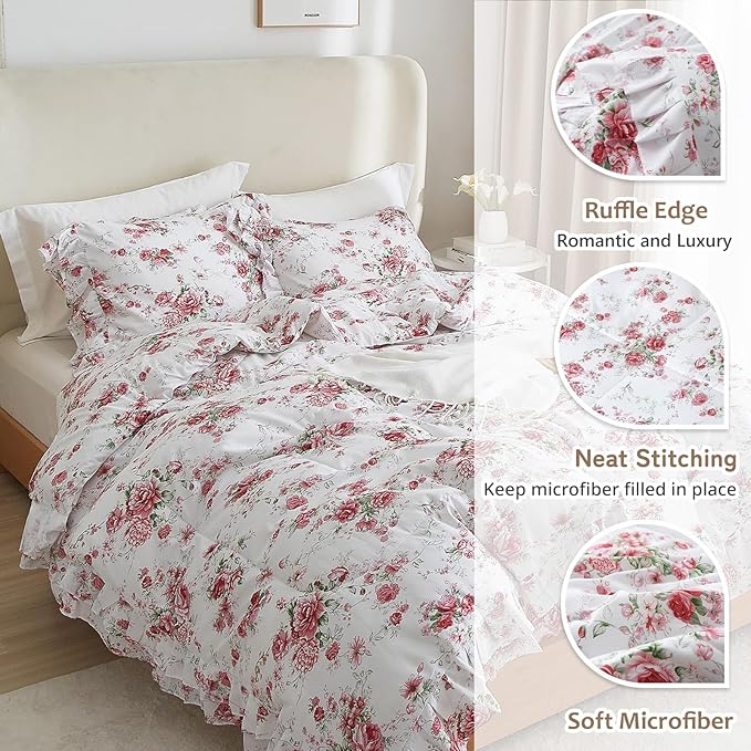 VM VOUGEMARKET Ruffle Comforter Set Twin XL Red Rose Flower Comforter Romantic Floral Bedding Set Soft Microfiber Botanical Bedding Comforter Set 1 Flower Ruffled Comforter with 2 Pillowcases