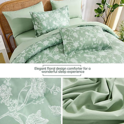 Luxudecor Floral Comforter Set Queen Size 7 Pieces, Green Flower with Bird Bed in a Bag, Soft Reversible Comforter with Sheet Bed Set 90"x90"