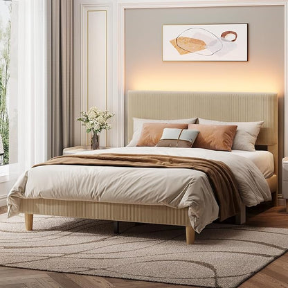 Bestier Queen Size Bed Frame with Headboard LED Lighting,Upholstered,Taupe | Easy Assembly,LED Lighting Headboard,No Squeaks,Vertical Channel Corduroy Upholstered,Wood Slats Support,No Box Spring Needed