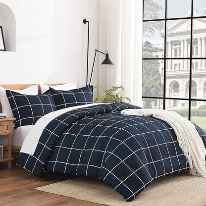 Andency Navy Plaid Comforter Full(79x90Inch), Dark Blue Grid Gingham Buffalo Plaid Bed Set for Boys Kids Teens, 3 Pieces Lightweight Polyester Geometric Preppy Bedding