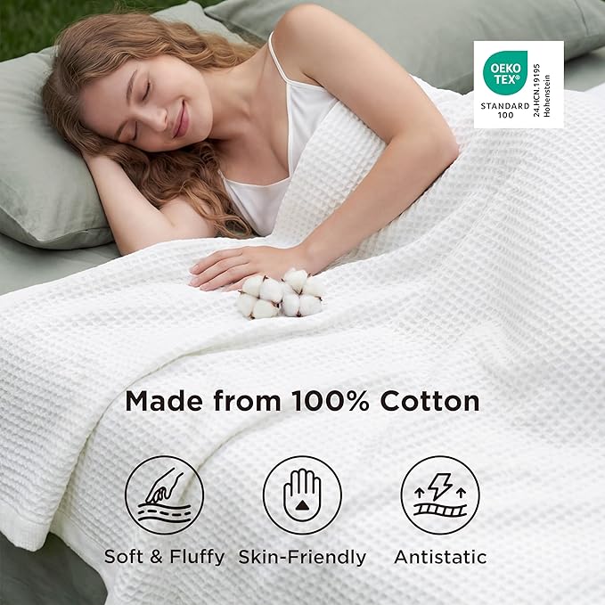 Bedsure Gentlesoft 100% Cotton Blanket Queen Size for Bed - Cooling Breathable and Soft for Spring Summer, Thick Cozy Waffle Weave Blanket Gifts for Women, White, 90x90 Inches