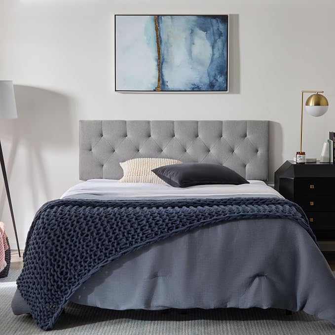 Lucid Mid-Rise Upholstered Headboard - Diamond Tufted - Padded Polyester - Adjustable Height from 34” to 46” - Easy Assembly - Bed Frame or Wall Mount - Sturdy - Stone - King / Cal King Size