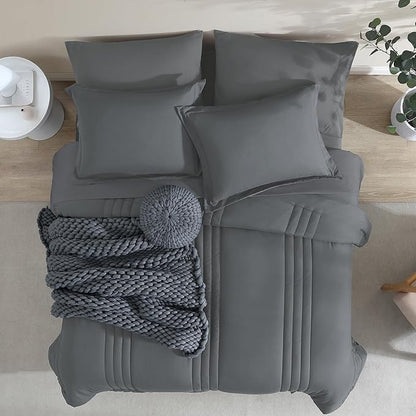 Monbix King Size Comforter Set - 7 Pieces Bed in a Bag King, Grey Bedding Sets with Comforter, All Seasons Comforter Bed Set with Sheets, Pillowcases & Shams