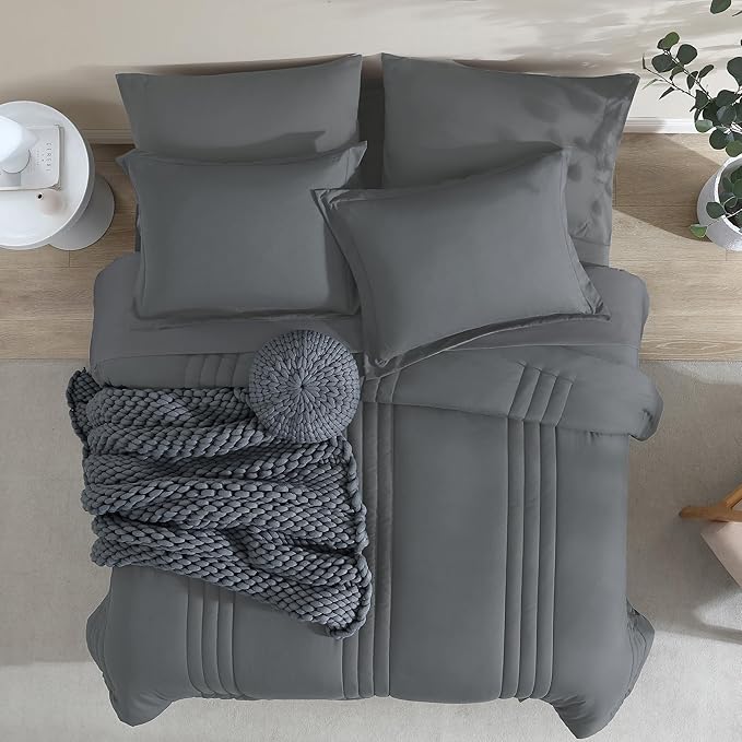 Monbix Super King Size Comforter Set - 7 Pieces Bright Gray Bed in a Bag Super King Bedding Sets with Comforters, All Seasons Comforter Bed Set with Sheets,Pillowcases & Shams
