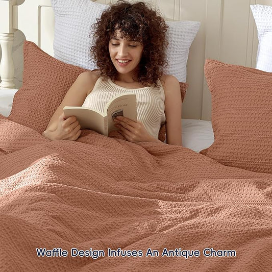 PHF Soft Waffle Comforter Set King Size- Comfy Breathable Waffle Weave Comforter with 2 Pillow Shams, 3 Pieces Less Snagging Lightweight Textured Bedding Set for All Season, Terra Cotta
