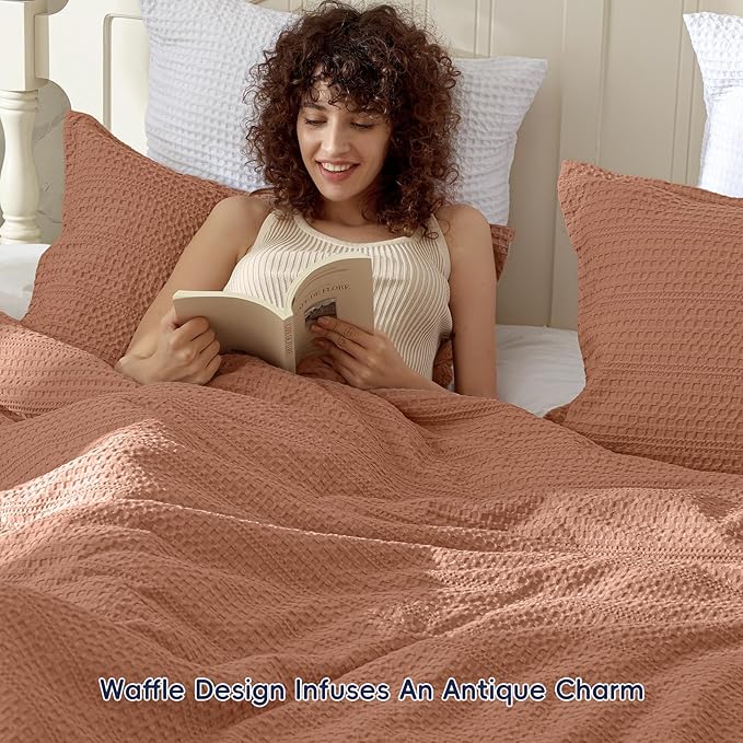 PHF Soft Waffle Comforter Set Queen Size- Comfy Breathable Waffle Weave Comforter with 2 Pillow Shams, 3 Pieces Less Snagging Lightweight Textured Bedding Set for All Season, Terra Cotta