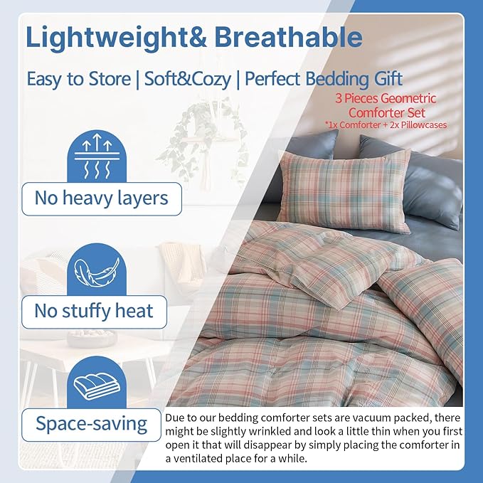 EAVD Vintage Style Blue and Pink Gingham Comforter Set Queen Blue Pink Grid Plaid Comforter Set with 2 Pillowcases Reversible Farmhouse Gingham Bedding Set for All-Season