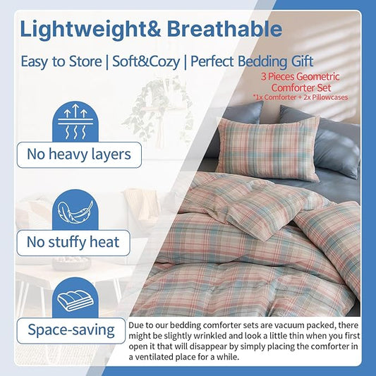 EAVD Vintage Style Gingham Comforter Set Full Blue&Pink Grid Plaid Comforter Set with 2 Pillowcases Reversible Farmhouse Gingham Bedding Set for All-Season Boho Grid Checkered Bedding Set