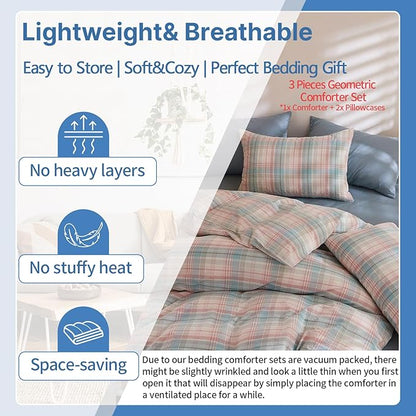 EAVD Vintage Blue Pink Gingham Comforter Set Twin XL Soft Washed Cotton Grid Plaid Comforter Set with 2 Pillowcases Reversible Farmhouse Plaid Bedding Set for All-Season