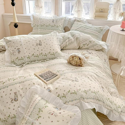 VM VOUGEMARKET Kids Comforter Set Full Size Cute Rabbit Down Comforter with Flower Leaves Pattern Reverisble Ruffle Lace Bedding Set for Teen Girls(Green,Full)