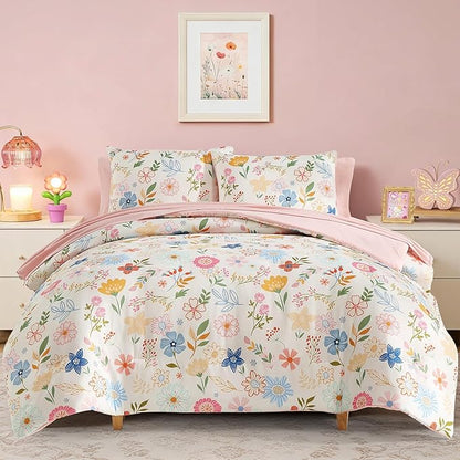 Twin Comforter Set for Girls Kids - 5 Pieces Pastel Garden Patterns Twin Bedding Sets for Girls Teen, Soft Cozy Bed in A Bag with Sheets
