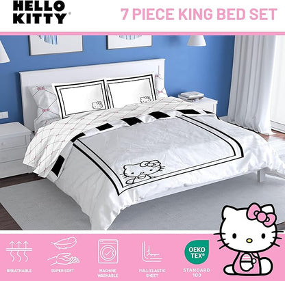 Jay Franco Comforter Set Includes Sheets and Pillow Covers - Soft and Cozy Bed Set for Stylish Room Decor, White - Hello Kity 7 Piece King Size Bedding