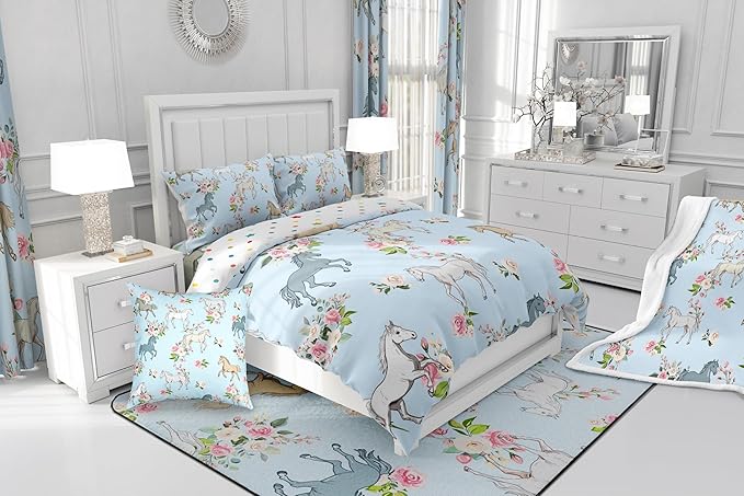 Horse Quilt King Size, Farmhouse Western Cowboy Cowgirls Duvet Insert for Kids Boys Girls Teens, Cartoon Kawaii Horse Bedding Set, Rustic Rose Floral Comforter Set + 2 Pillow Cases