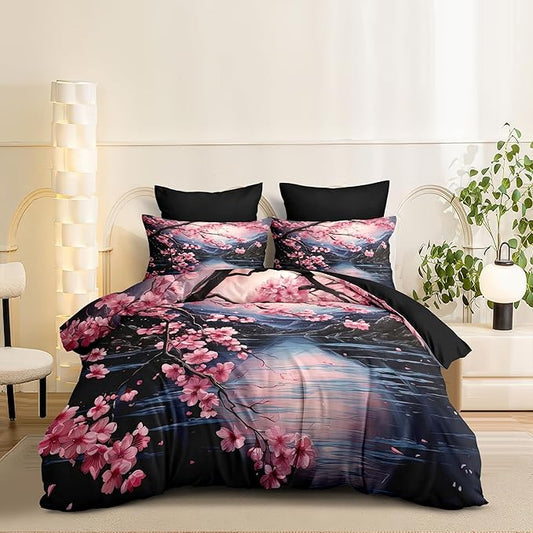 Japanese Style Comforter Set Twin,Cherry Blossom Lightweight Comforter for Girls, 2Pcs Black Pink Floral Painting Soft Bedding Set with 2 Pillowcases,Great Bedroom Decor