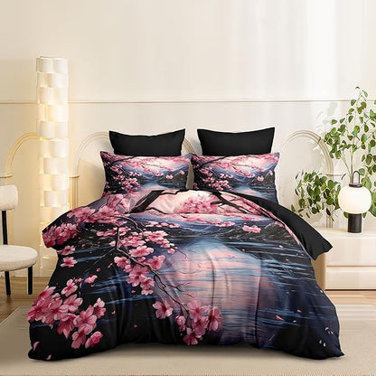 Japanese Cherry Blossom Comforter Set King Women Black Pink Floral Bedding with 2 Pillowcases, 3Pcs Soft Farmhouses Country Bedroom Decor Quilt Set, 104"x90"