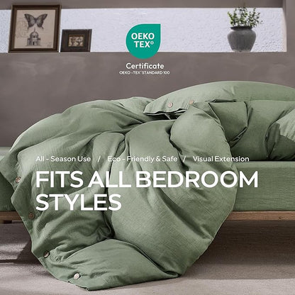 JELLYMONI Cotton Duvet Cover Full Size - Sage Green Comforter Cover with Button 100% Washed Cotton 3PCS Breathable Soft Solid Bedding Set Duvet Cover 80×90in & 2 Pillowcases (NO Comforter)