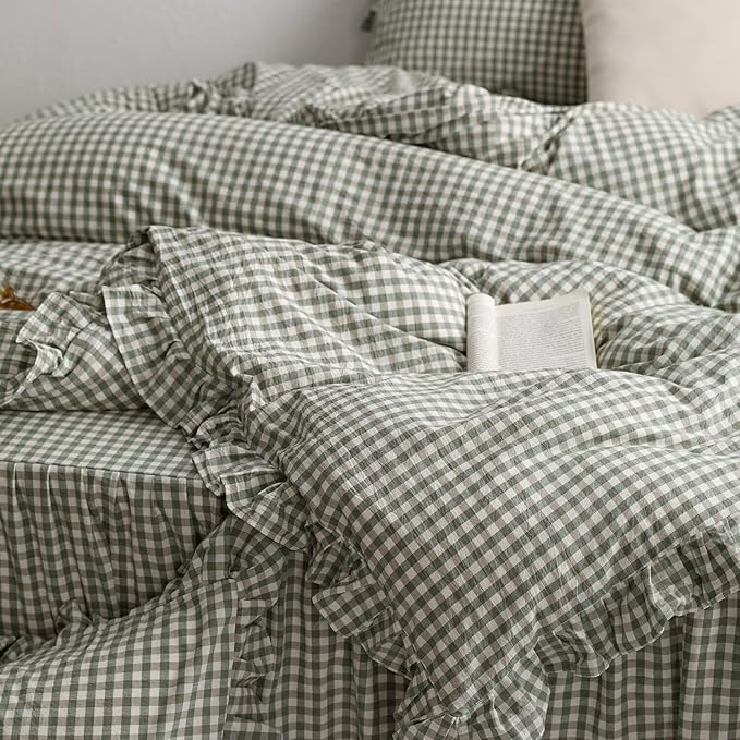 mixinni Green Gingham Ruffle Duvet Cover Queen Size 3 Pieces – 100% Washed Cotton, Vintage Plaid Ruffled Bedding Set with Zipper Ties, Soft Checkered Grid Farmhouse Chic Comforter Cover Set