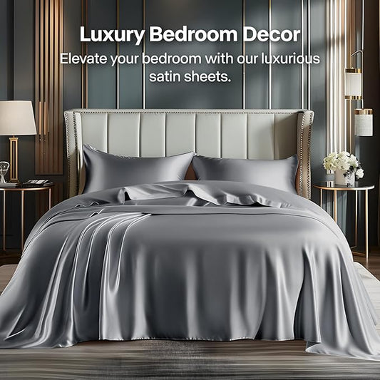 BEDELITE Satin Sheets Queen Size Bed Set, Luxury Soft Dark Grey Silky Sheets for Hair and Skin, Similar to Silk Bed Sheets Set 4 Pieces with 1 Deep Pocket Fitted Sheet, 1 Flat Sheet, and 2 Pillowcases