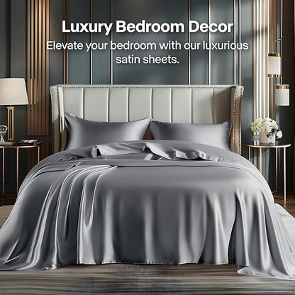 BEDELITE California King Sheets Set, Luxury Soft Dark Grey Satin Sheets for Hair and Skin, Similar to Silk Bed Sheets Set 4 Pieces with 1 Deep Pocket Fitted Sheet, 1 Flat Sheet, and 2 Pillowcases