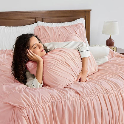 Andency Ruched Blush Pink King Size Comforter Set, Shabby Chic Pleated Bedding Sets 3 Pieces, Lightweight Soft Boho Ruffle Bed Set for Girls, Kids, Women, All Season