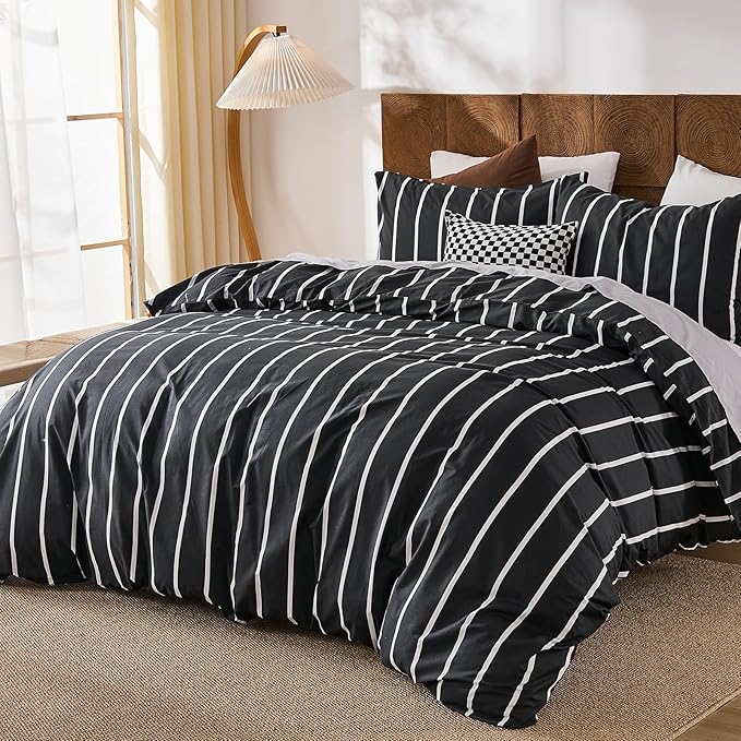 Merryword Black and White Striped Duvet Cover Set Queen Size - 100% Cotton Bedding Set 3 Pieces, Soft Breathable Comforter Cover with Pillowcases, Minimalist Chic Aesthetic Bedding Set for All Seasons