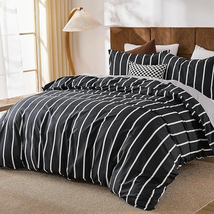 Merryword Black and White Striped Duvet Cover Set Queen Size - 100% Cotton Bedding Set 3 Pieces, Soft Breathable Comforter Cover with Pillowcases, Minimalist Chic Aesthetic Bedding Set for All Seasons