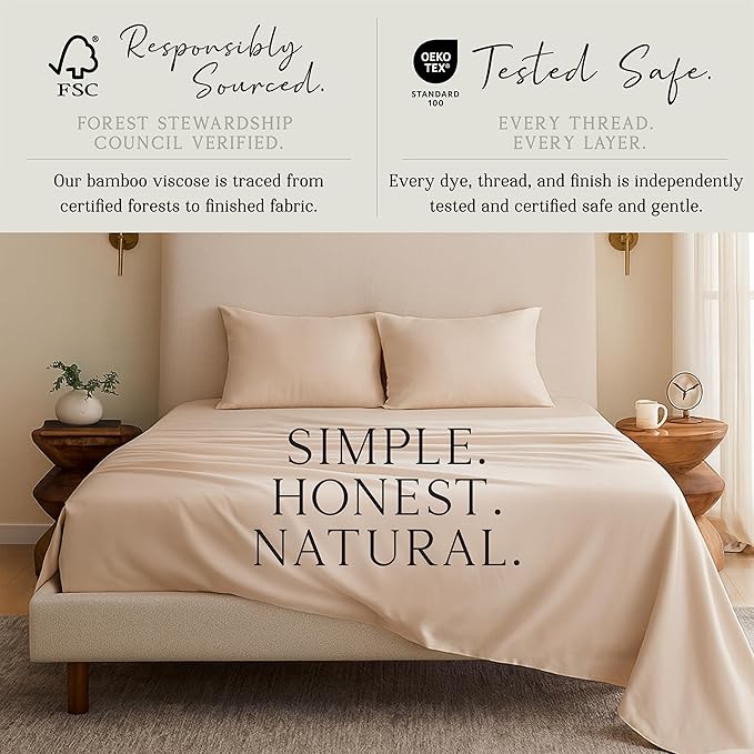 KARISSA MAE Cooling Bamboo Viscose King Size Sheet Set | 100% FSC Certified | 18” Deep Pocket | Silky, Soft, & Hypoallergenic | with Organizer Band & Elastic Corner Straps [Dune]
