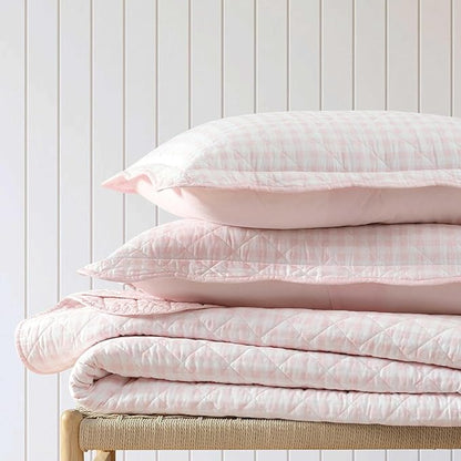 Martha Stewart - Twin Quilt Set, 100% Soft & Breathable Bedding with a Lightweight Feel for Year Round Comfort, 2 Piece Bed Set with Matching Pillowcase (Olivia Gingham Pink)