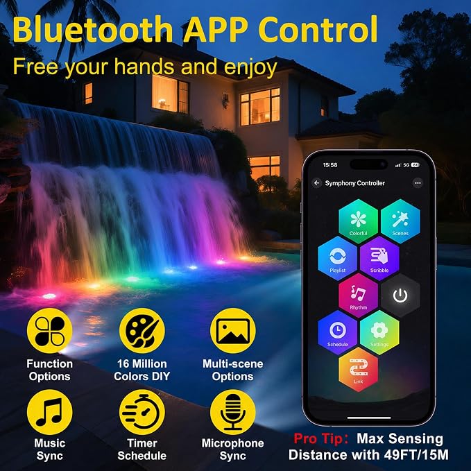 T-SUN Pond Lights LED Underwater 16M Colors with App and Remote, Submersible Fountain Light with Timer and Dimmable, Music Sync, Outdoor Spotlights for Koi Pond, Garden, Yard