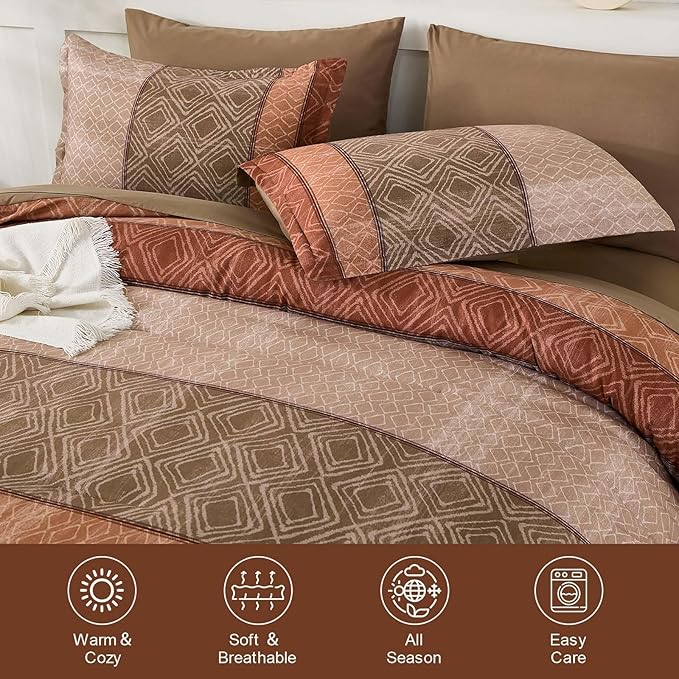 Dinjoy Boho Queen Comforter Set Red Brown,7 Piece Bed in a Bag Queen Size Warm Striped Bedding Sets with Plaid Fall Comforters Bed Set with Sheets for Family All Season