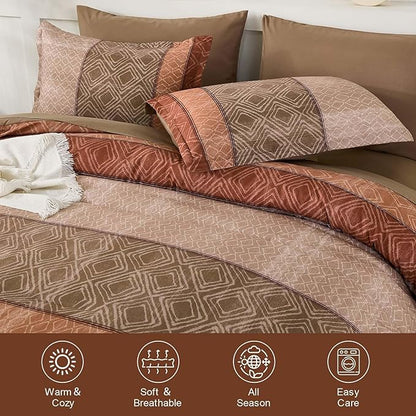 Dinjoy Boho Queen Comforter Set Red Brown,7 Piece Bed in a Bag Queen Size Warm Striped Bedding Sets with Plaid Fall Comforters Bed Set with Sheets for Family All Season