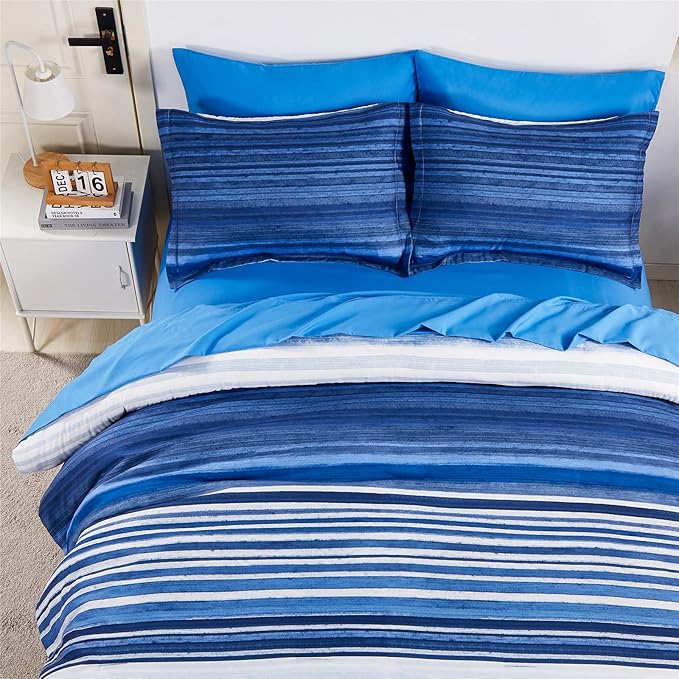 KAKIJUMN 7 Piece Bed in a Bag Stripe Comforter Set Full Size, White and Blue Patchwork Striped Comforter and Sheet Set, All Season Soft Microfiber Complete Bedding Sets(Blue,Full)