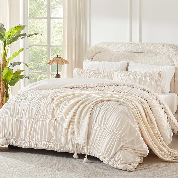 Andency Ruched Beige Oversized Queen Size Comforter Sets, Shabby Chic Pleated Bedding Sets 3 Pieces, Lightweight Soft Boho Ruffle Bed Set for Girls, Kids, Women, All Season