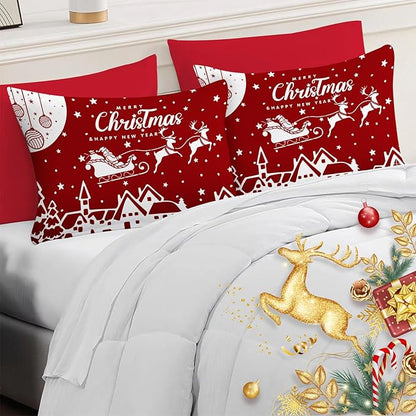 YIYEA Christmas King Size Pillow Cases Set of 4, Ultra Soft Double Brushed Microfiber Red Pillowcases and Christmas Pillow Covers, Envelope Closure, Fade Resistant (20"x36")