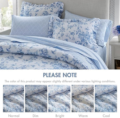 Madison Park Essentials Adele Blue Floral Cal King Size Comforter Set – Vintage Bed in a Bag with Sheets, Reversible Ruffle Bedding, Elegant Gift for Her