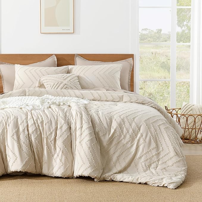 Litanika Comforter Oversized Queen Size Set Beige, 3 Pieces Chevron Tufted Solid Bedding Comforter Sets, Fluffy Bed Set