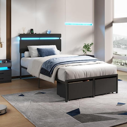 Forestell Twin Bed Frame with Wood Headboard,2 Storage Drawers & Shelf | Built-in Charging Station & LED Lights, Metal Support, No Box Spring Needed, noise-free, easy assembly, Smart RGB, USB+Type-C