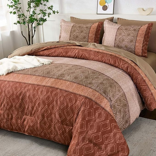 Dinjoy Boho Queen Comforter Set Red Brown,7 Piece Bed in a Bag Queen Size Warm Striped Bedding Sets with Plaid Fall Comforters Bed Set with Sheets for Family All Season