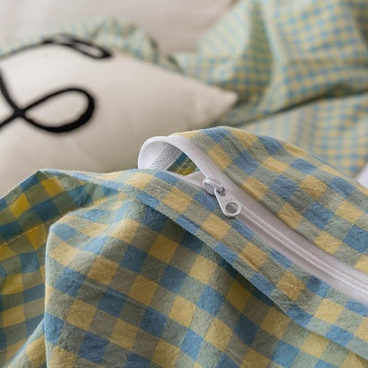 EAVD Mini Blue Yellow Plaid Duvet Cover King Soft Cotton Reversible Grid Plaid Bedding Set with 2 Pillowcases Modern Style Geometric Grid Plaid Pattern Duvet Cover with Zipper Closure
