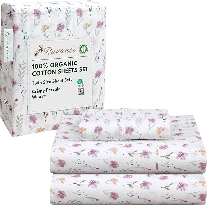 RUVANTI 100% Organic Cotton Sheets Twin Size, Percale Weave, GOTS Certified, 3-Piece Set, Deep Pocket 15", Crisp & Breathable, Soft Durable Bedding, Sábanas Algodón Orgánico – Obsessed Stems