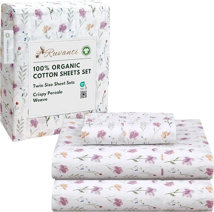 RUVANTI 100% Organic Cotton Sheets Twin Size, Percale Weave, GOTS Certified, 3-Piece Set, Deep Pocket 15", Crisp & Breathable, Soft Durable Bedding, Sábanas Algodón Orgánico – Obsessed Stems