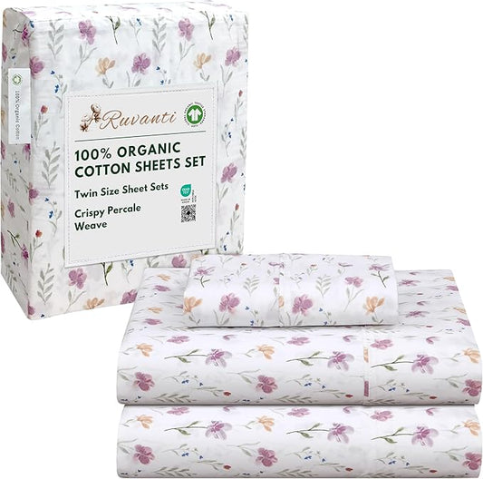 RUVANTI 100% Organic Cotton Sheets Twin Size, Percale Weave, GOTS Certified, 3-Piece Set, Deep Pocket 15", Crisp & Breathable, Soft Durable Bedding, Sábanas Algodón Orgánico – Obsessed Stems