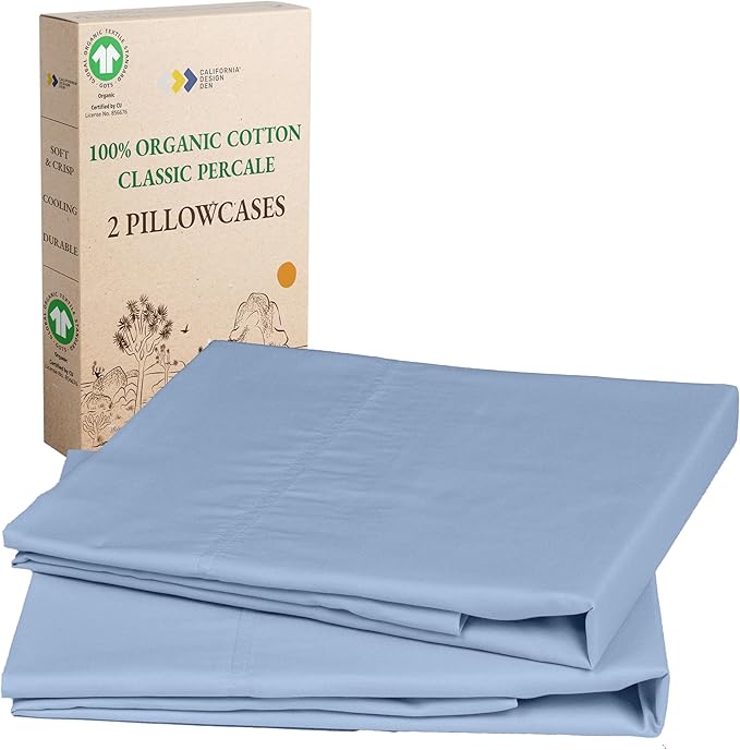 California Design Den King Size Pillow Cases Set of 2 - Soft 100% Organic Cotton Pillow Cases with Envelope Closure, Crisp, Crisp and Durable Percale - Light Blue