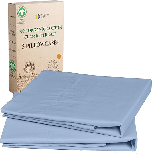 California Design Den King Size Pillow Cases Set of 2 - Soft 100% Organic Cotton Pillow Cases with Envelope Closure, Crisp, Crisp and Durable Percale - Light Blue