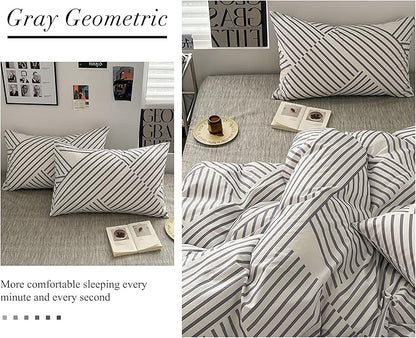 VM VOUGEMARKET Gray Striped Duvet Cover Set, 100% Cotton Geometric Bedding Set,3 Pieces Instagram Style Simple Modern Duvet Cover with 2 Pillowcases-Queen,Gray Stripes