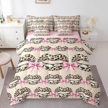 jejeloiu Leopard Kiss Lips Bedding Set 7Pcs King Size Kids Pink Bow Comforter Set with Sheets for Boys Girls Vintage Bed in a Bag Soft Lightweight,Microfiber