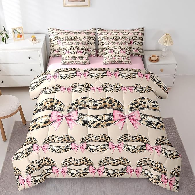 jejeloiu Leopard Kiss Lips Bedding Set 7Pcs Twin Size Kids Pink Bow Comforter Set with Sheets for Boys Girls Vintage Bed in a Bag Soft Lightweight,Microfiber