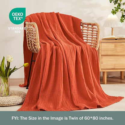 EMME Cotton Muslin King Blanket Bed Layering Bedspread Coverlet Breathable Gauze Soft Lightweight (Heather Orange Rust, 108"x90")