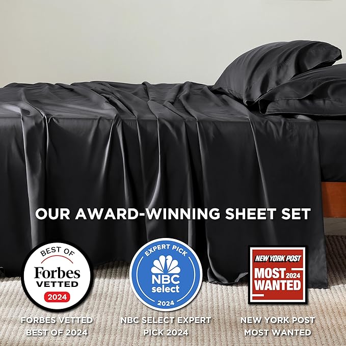 Bedsure King Size Sheet Set, Cooling Sheets, Rayon Derived from Bamboo, Deep Pocket Up to 16", PureWoven, Breathable & Soft, Hotel Luxury Silky Bedding for Hot Sleepers, Black