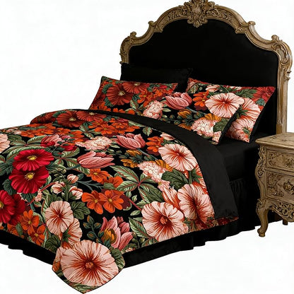 Black Floral Comforter Set Queen Size, Tropical Vintage Botanical Bedding Set for Women - 3 Pieces Soft Fluffy Microfiber Comforter with 2 Pillowcases, 90"x90"